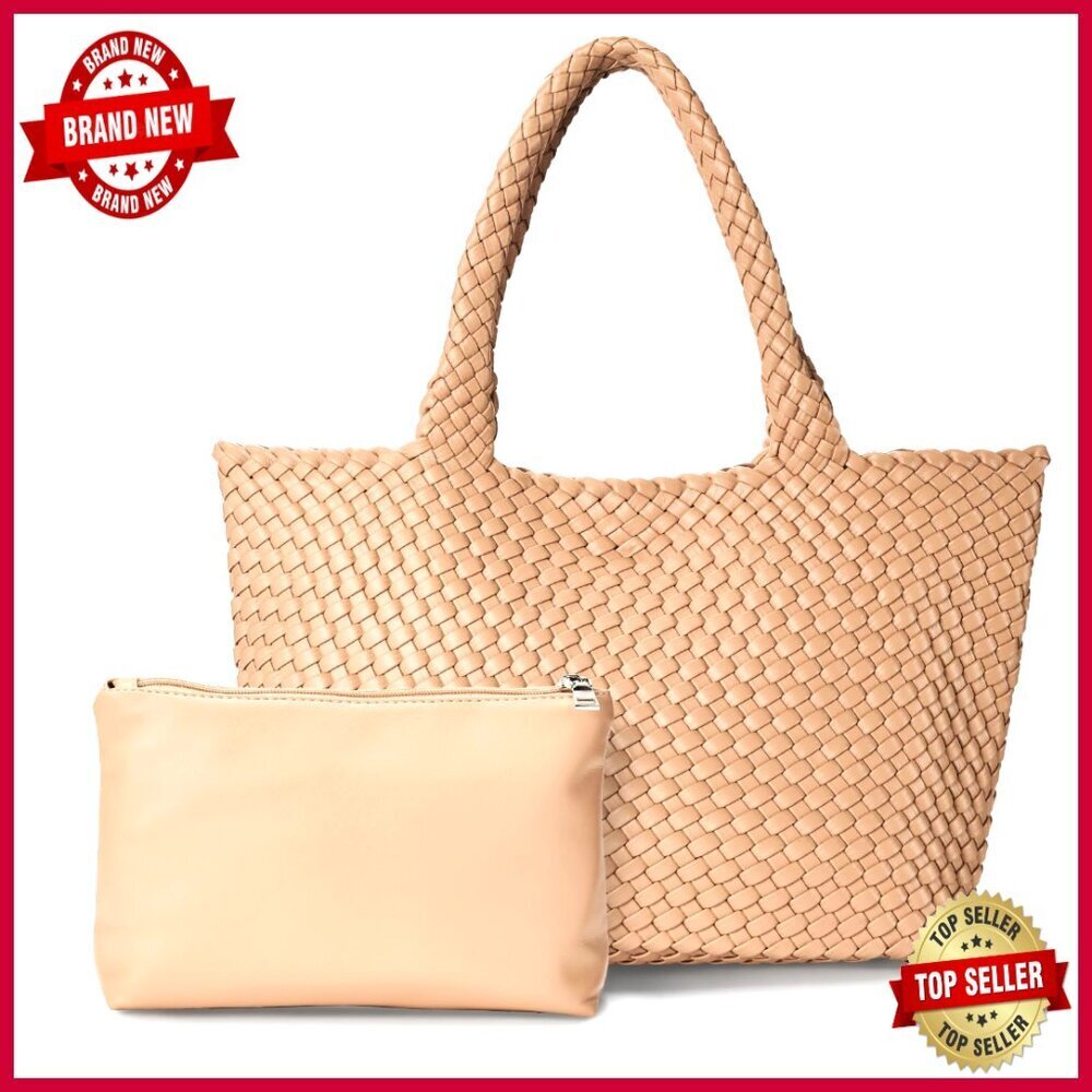 Large Woven Vegan Leather Tote Bag with Inner Zipper Pouch